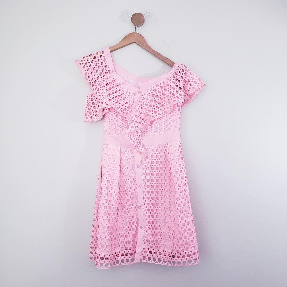 NWT Reds Hall Women Boutique Pink Lace Asymmetric Frill Mini Dress